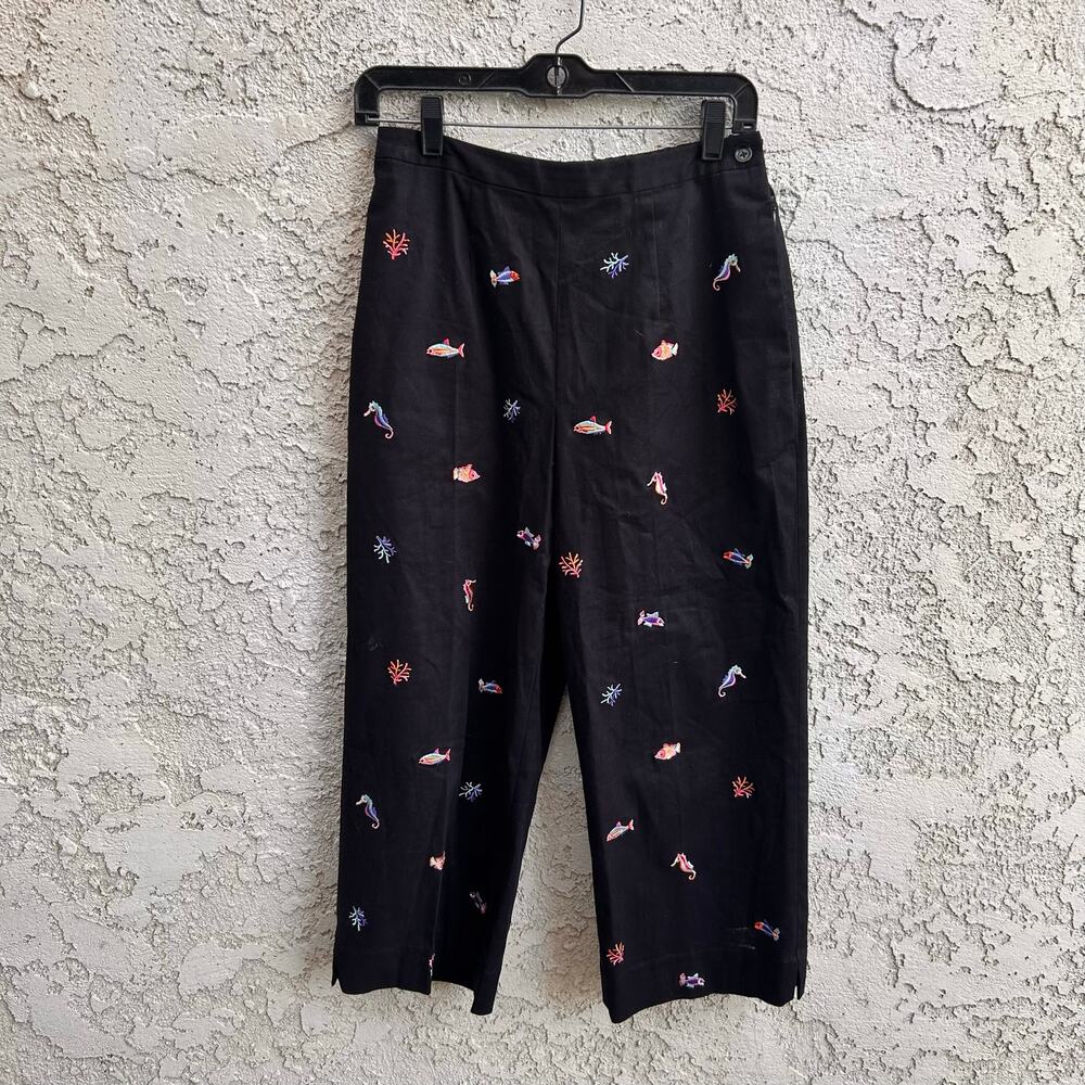 Coldwater Creek Black Embroidered Sea Life Crop Pants Size 6